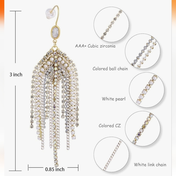 Dangle Beaded Cubic Zirconia Crystal Boho Chain Tassel Country Western E… - Picture 2 of 4